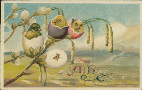 Alte Ansichtskarte A Happy Easter, Weidenkätzchen mit Kücken