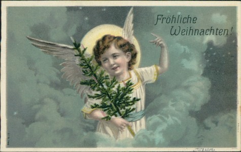 Alte Ansichtskarte Fröhliche Weihnachten, Engel mit Tannenbaum