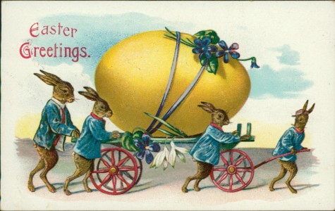 Alte Ansichtskarte Easter Greetings, Osterhasen ziehen Wagen mit Riesen-Osterei