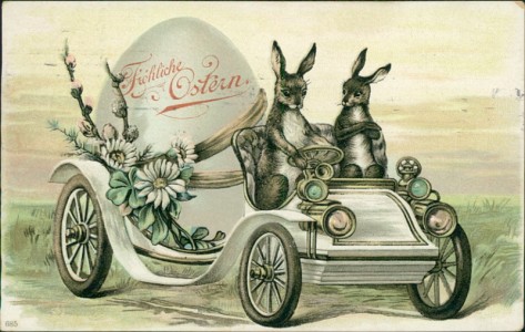 Alte Ansichtskarte Fröhliche Ostern, Osterhasen auf Automobil mit Riesen-Osterei