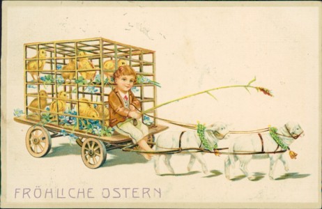Alte Ansichtskarte Fröhliche Ostern, Lämmer ziehen Wagen mit Käfig voller Kücken