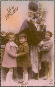 Alte Ansichtskarte Vive St. Nicolas, Weihnachtsmann mit Kindern und Esel