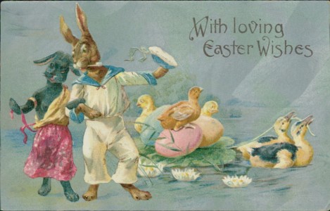 Alte Ansichtskarte With loving Easter Wishes, Hase als Seemann verkleidet mit seiner Braut