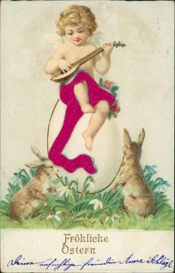 Alte Ansichtskarte Fröhliche Ostern, Putte mit Laute auf Osterei, Osterhasen