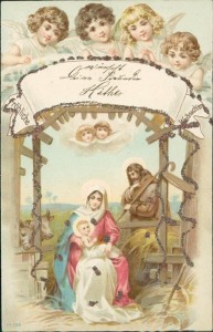 Alte Ansichtskarte Fröhliche Weihnachten, Krippendarstelung mit Putten
