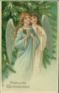 Alte Ansichtskarte Fröhliche Weihnachten, Zwei Engel vor Tannenbaum