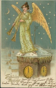 Alte Ansichtskarte Fröhliches Neujahr, Engel mit Posaunen auf Kirchturm