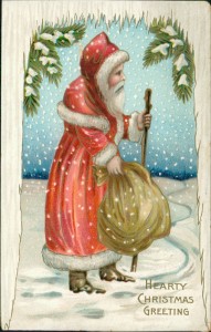 Alte Ansichtskarte Hearty Christmas Greeting, Weihnachtsmann im Schneegestöber