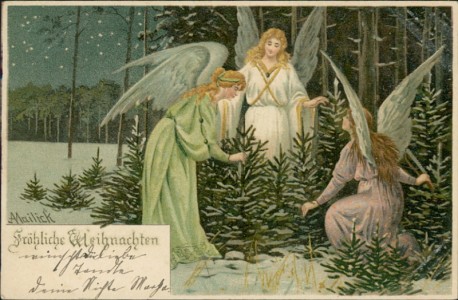 Alte Ansichtskarte Fröhliche Weihnachten, Drei Engel suchen Weihnachtsbaum aus