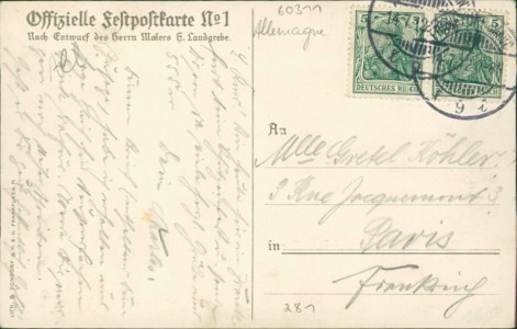 Adressseite der Ansichtskarte Frankfurt a. M., 17. Deutsches Bundes- u. Goldenes Jubiläums-Schießen 14.-21. Juli 1912