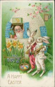 Alte Ansichtskarte A Happy Easter, Zwerg in Osterei-Haus, Hasen mit Flöte und Mandoline