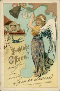 Alte Ansichtskarte Fröhliche Ostern, Engel läutet Glocke