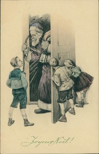 Alte Ansichtskarte Joyeux Noël, Weihnachtsmann kommt zur Tür herein