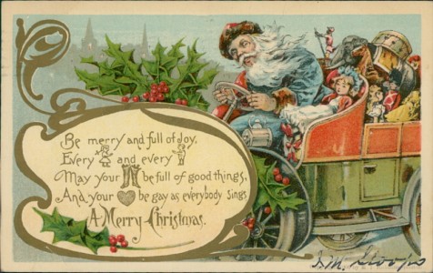 Alte Ansichtskarte A Merry Christmas, Weihnachtsmann auf Lastwagen voll beladen mit Spielzeug