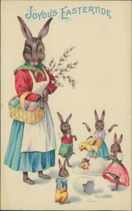 Alte Ansichtskarte Joyous Eastertide, Hasen-Mama mit ihren Kindern
