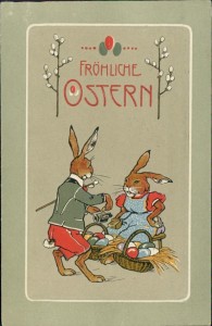 Alte Ansichtskarte Fröhliche Ostern, Hase in Uniform kauft Ostereier