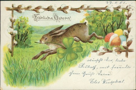 Alte Ansichtskarte Fröhliche Ostern, Osterhase mit Kleeblatt, Rahmen aus Weidenkätzchen