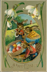 Alte Ansichtskarte A happy Easter, Osterhasen mit Ostereiern, Rahmen mit Schneeglöckchen