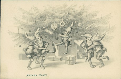 Alte Ansichtskarte Joyeux Noël, Zwerge tanzen unter Tannenbaum