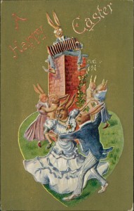Alte Ansichtskarte A Happy Easter, Tanzende Osterhasen