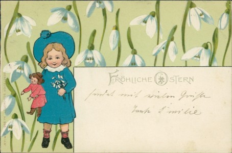 Alte Ansichtskarte Fröhliche Ostern, Mädchen mit Puppen vor Schneeglöckchen