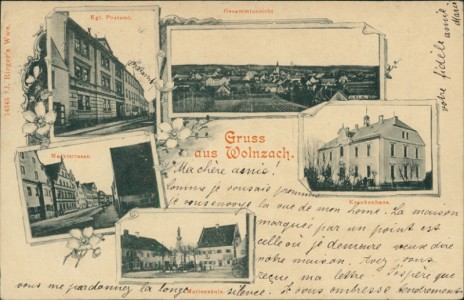 Alte Ansichtskarte Gruss aus Wolnzach, Kgl. Postamt, Gesamtansicht, Marktstrasse, Krankenhaus, Mariensäule