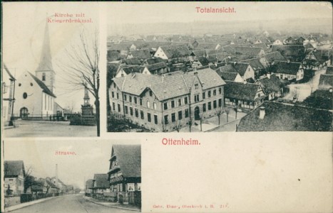 Alte Ansichtskarte Ottenheim, Kirche mit Kriegerdenkmal, Totalansicht, Strasse