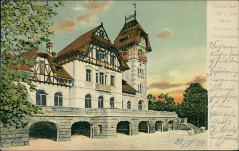 Alte Ansichtskarte Gruss aus Hof a. Saale, Neues Restaurant im Theresienstein