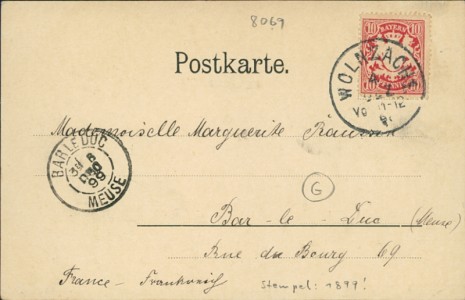 Adressseite der Ansichtskarte Gruss aus Wolnzach, Kgl. Postamt, Gesamtansicht, Marktstrasse, Krankenhaus, Mariensäule