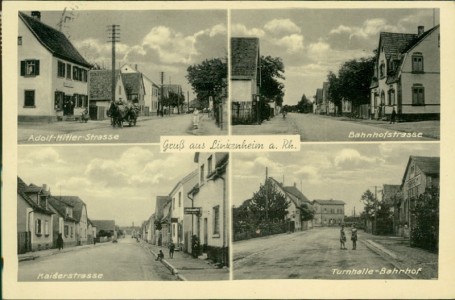 Alte Ansichtskarte Gruß aus Linkenheim a. Rh., Adolf-Hitler-Strasse, Bahnhofstrasse, Kaiserstrasse, Turnhalle-Bahnhof