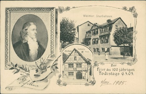 Alte Ansichtskarte Weimar, Sterbehaus von Friedrich Schiller, Zur Feier des 100 jährigen Todestages 9.5.05