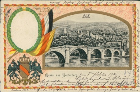 Alte Ansichtskarte Gruss aus Heidelberg, Teilansicht mit Wappen und Ornament von Friedrich Grossherzog von Baden