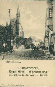 Alte Ansichtskarte Kiedrich i. Rheingau, J. Kroneberger, Engel-Hotel - Weinhandlung, Aussicht von der Terrasse. Tel. 123