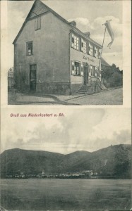 Alte Ansichtskarte Gruß aus Niederkestert a. Rh., Gasthaus Zur Traube, Ansicht vom Rhein aus gesehen