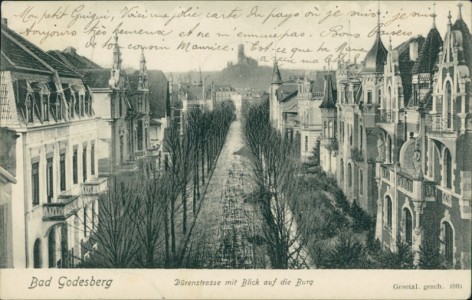 Alte Ansichtskarte Bad Godesberg, Dürenstrasse mit Blick auf die Burg