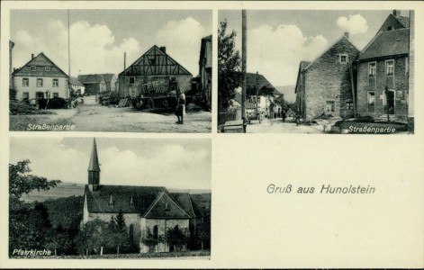 Alte Ansichtskarte Gruß aus Honolstein, Straßenpartie, Pfarrkirche