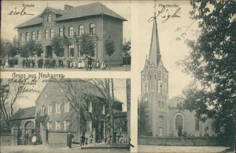 Alte Ansichtskarte Gruss aus Neuhaaren, Schule, Pfarrhaus, Pfarrkirche