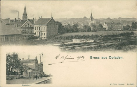 Alte Ansichtskarte Gruss aus Opladen, Teilansicht, Bahnhof