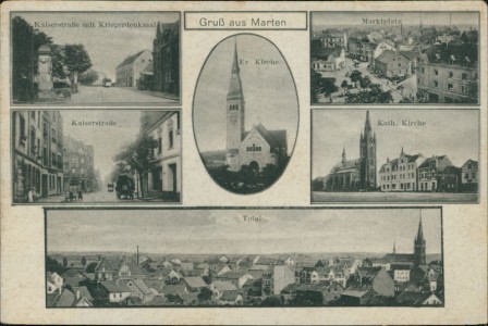 Alte Ansichtskarte Gruß aus Marten, Kaiserstraße mit Kriegerdenkmal, Kaiserstraße, Ev. Kirche, Marktplatz, Kath. Kirche, Total