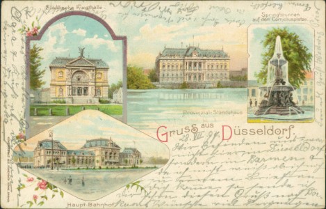Alte Ansichtskarte Gruss aus Düsseldorf, Städtische Kunsthalle, Provinzial-Ständehaus, Springbrunnen auf dem Corneliusplatze, Haupt-Bahnhof