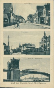Alte Ansichtskarte Gruß aus Hochemmerich-Rheinhausen, Atroperstraße, Mittelstraße, Partie a. d. Rheinbrücke