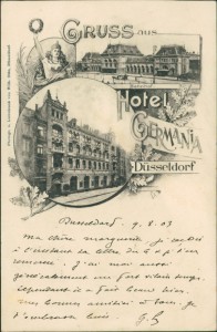 Alte Ansichtskarte Düsseldorf, Gruss aus Hotel Germania, Bahnhof