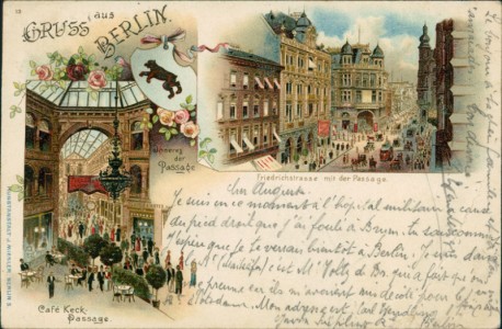 Alte Ansichtskarte Gruss aus Berlin, Café Keck-Passage, Inneres der Passage, Friedrichstrasse mit der Passage