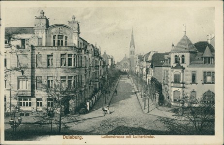 Alte Ansichtskarte Duisburg, Lutherstrasse und Lutherkirche