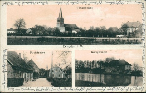 Alte Ansichtskarte Dingden i. W., Totalansicht, Poststrasse, Königsmühle