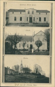 Alte Ansichtskarte Gruß aus Gr. Sibsau, Wpr., Gasthaus Martin Gauer, Schule, Kirche