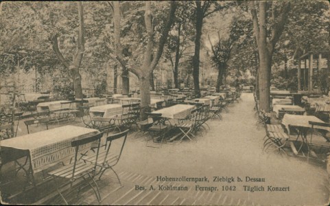 Alte Ansichtskarte Ziebigk b. Dessau, Hohenzollernpark, Bes. A. Kohlmann. Fernspr. 1042. Täglich Konzert