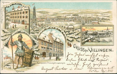 Alte Ansichtskarte Gruss aus Villingen, Kloster, Bahnhof, Sparkasse u. Haushaltungsschule, Romeius