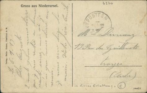 Adressseite der Ansichtskarte Gruss aus Niederursel, Gesamtansicht, Frankfurterhof, Bes.: Karl Amsel