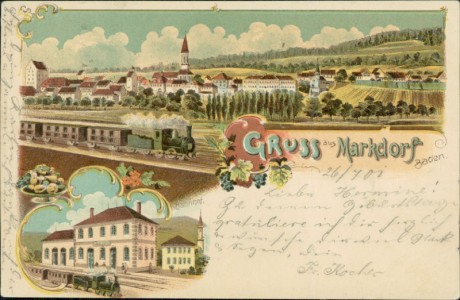 Alte Ansichtskarte Gruss aus Markdorf Baden, Gesamtansicht mit Bahnhof